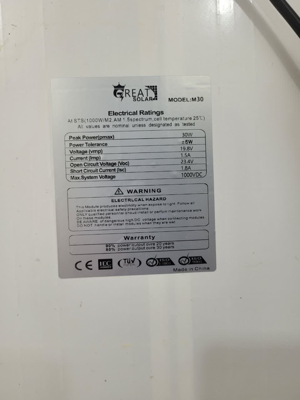 پنل خورشیدی 30 وات گریت سولار مدل M30
