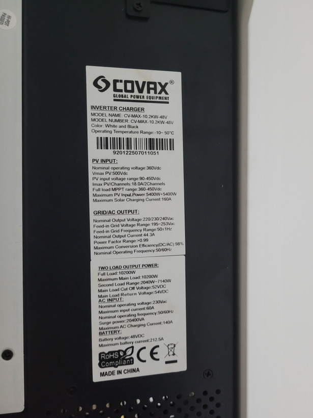 سانورتر هیبریدی (اینورتر شارژر) 10.2 کیلو وات هیبریدی 48ولت سینوسی 160 آمپر برند covax