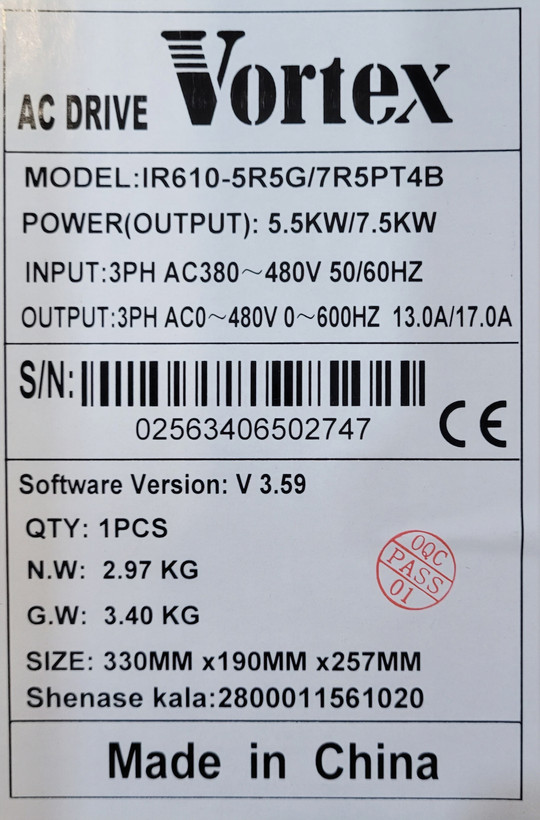 اینورتر پمپ خورشیدی Vortex مدل IR610-5R5G/7R5PT4B توان 5.5KW / 7.5KW سه فاز