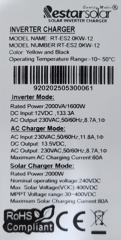 سانورتر خورشیدی Restar Solar مدل RT-ES2.0KW-12 توان 2000VA / 1600W