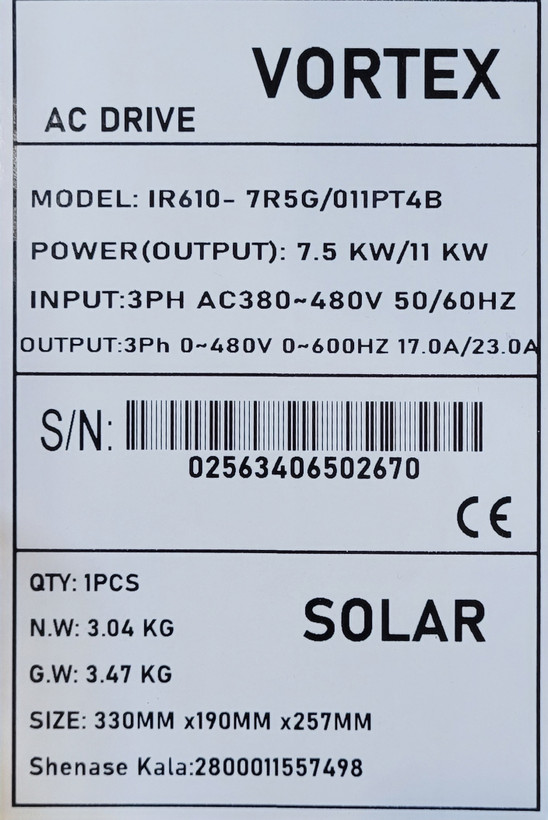 اینورتر خورشیدی VORTEX مدل IR610-7R5G/011PT4B توان 7.5KW / 11KW
