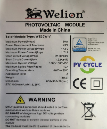 پنل خورشیدی ۳۰ وات Welion مدل WE30W-V