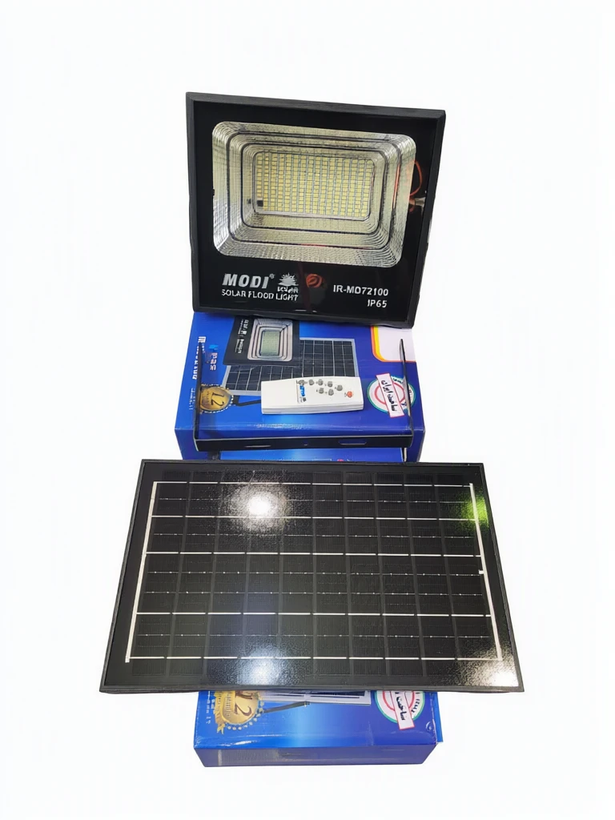 پروژکتور خورشیدی LED مودی مدل IR-MD72100 با پنل مجزا، باتری ۱۰ آمپرساعت و ریموت کنترل